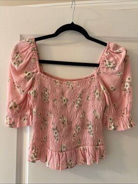 & Other Stories Pink Floral Smocked Puff Sleeve Top
